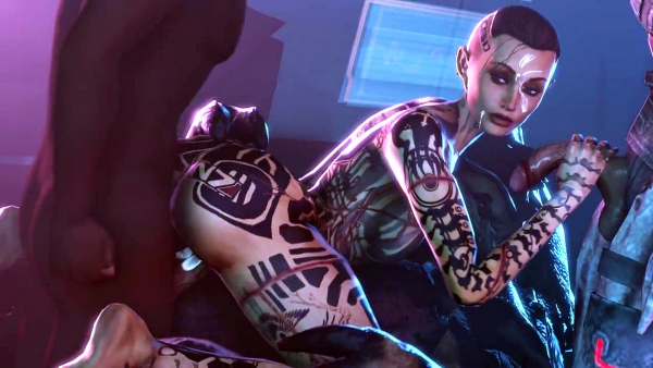 Татуированная брюнетка Mass Effect: Жесткий анал с монстром и двумя его друзьями ради выживания!