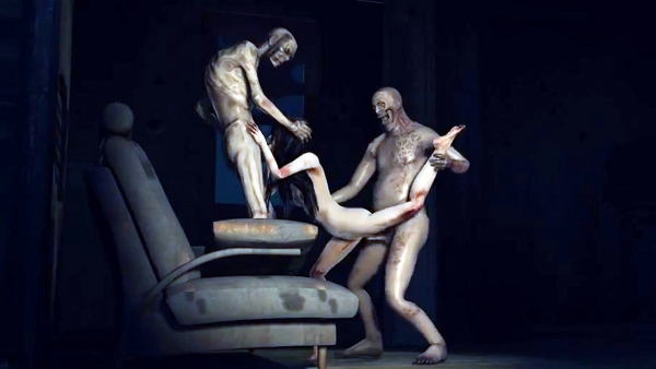 Два зомби-монстра в лесной хижине рвут пизду и рот ненасытной тёлке! Жесткий зомби-секс