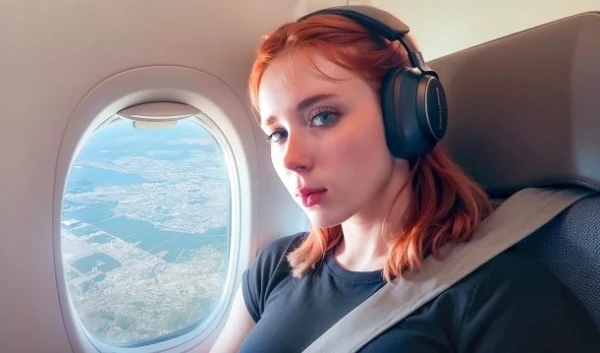 Рыжая косплей-милфа дрочит в самолётном туалете и сосёт за жильё после посадки!